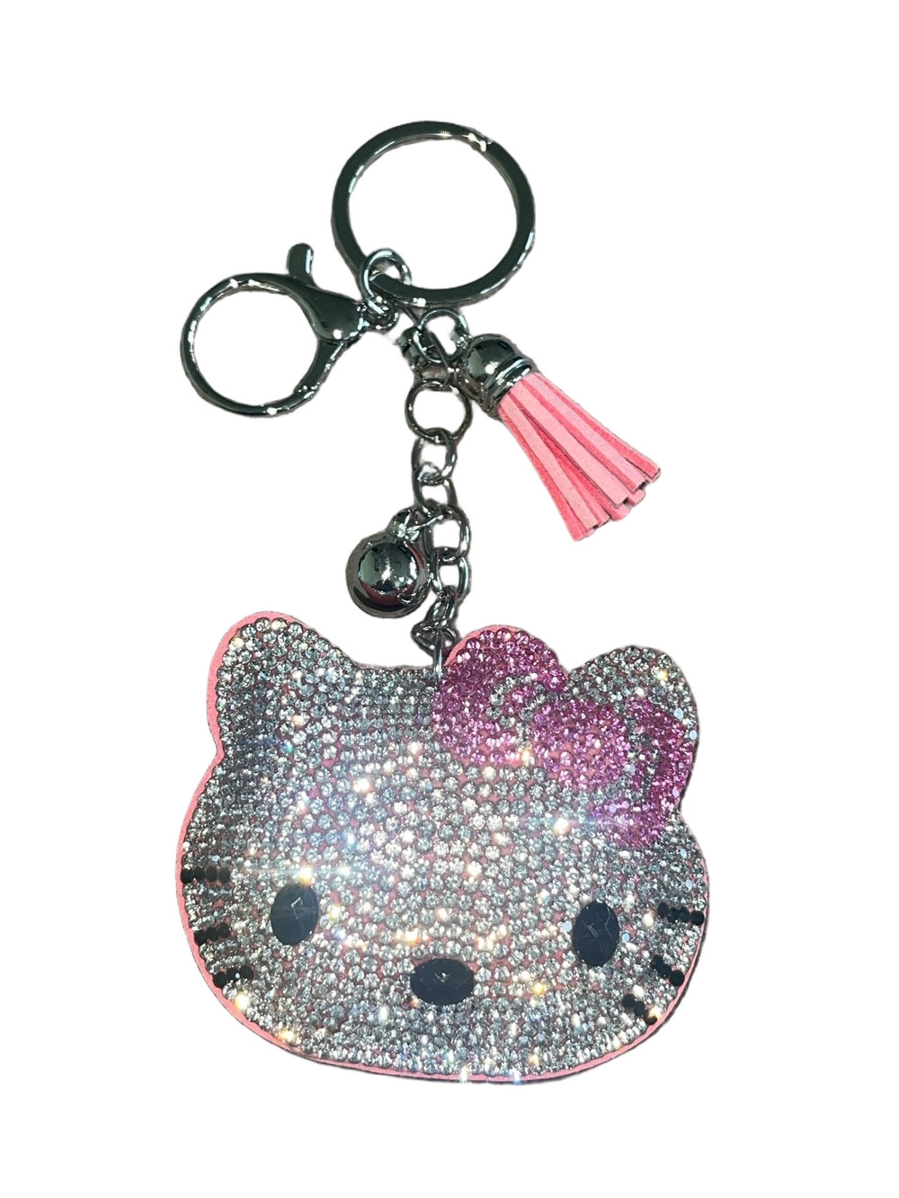 Pink Rhinestone Cat Face Bag Charm with Tassel